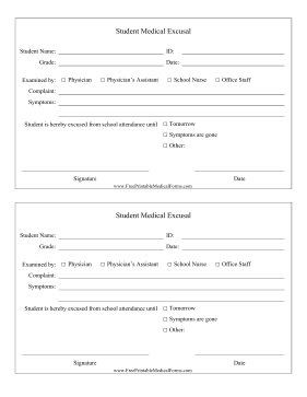 Student Medical Excusal Medical Form