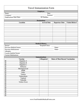 Travel Immunization Form Medical Form