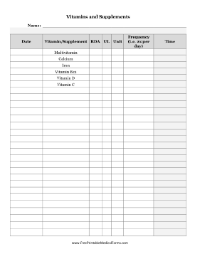 Vitamins And Supplements Log Medical Form